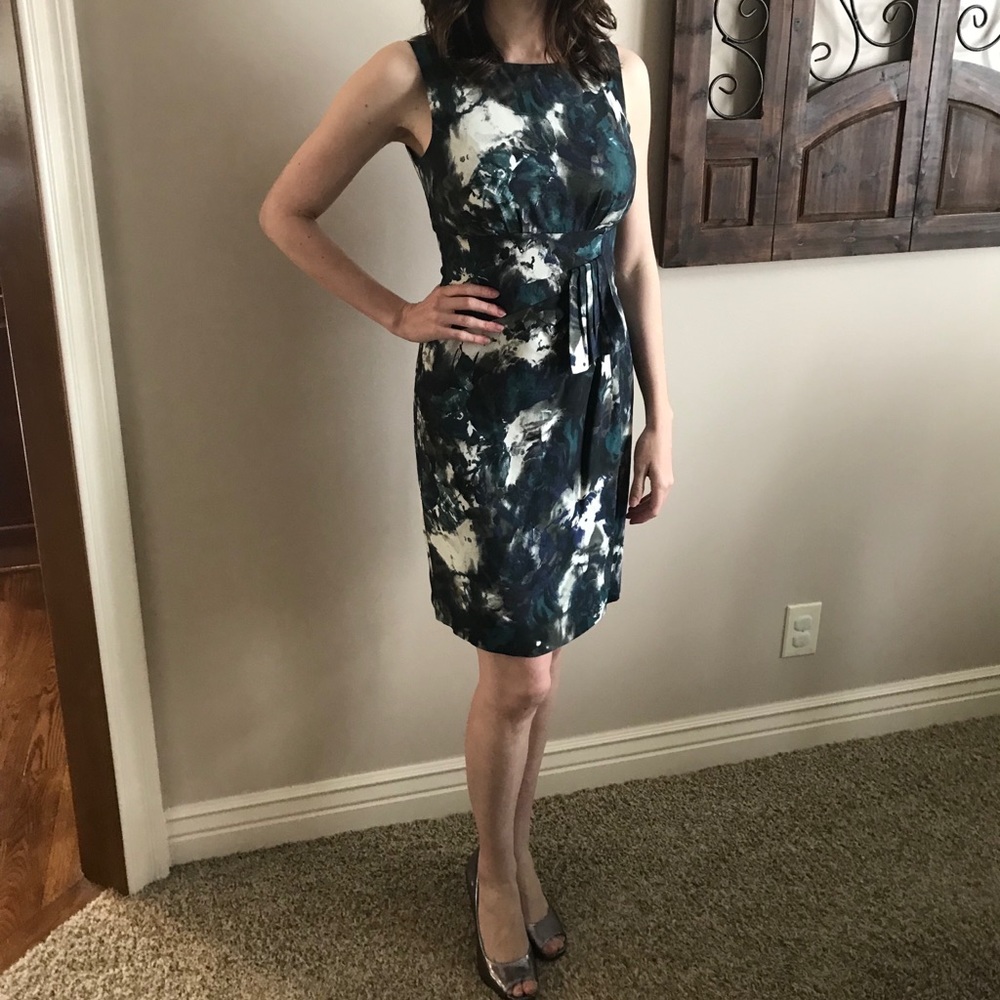 Green, blue, cream floral print dress